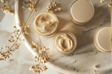 Obraz na płótnie Canvas Environmentally friendly materials for cosmetics. Photo of a skin care cream brand at eye level, moisturizer mockup with matte beige jars