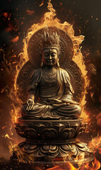 Fototapeta premium golden buddha statue in fire, buddhism religion concept, portrait of buddha in flame