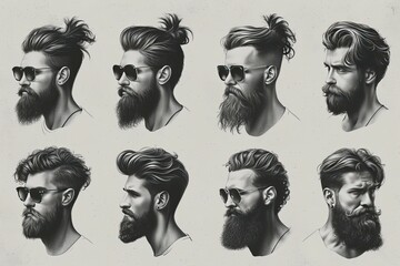 Set of portraits of handsome hipster men with different hairstyles and beards on a light background. Concept barber saloon - obrazy, fototapety, plakaty