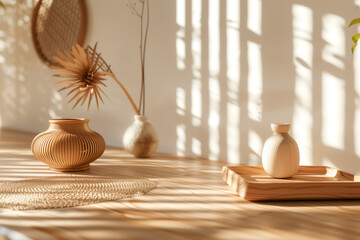eco-friendly design, dishes made from environmentally friendly materials, light wood table. Eco-friendly background