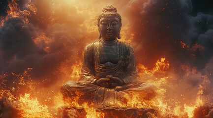 golden buddha statue in fire, buddhism religion concept, portrait of buddha in flame