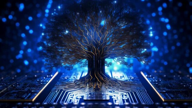 Computer circuit board with tree, suitable for technology concepts