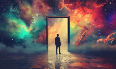 man walking into door, new beginnings and new life, gate to heaven, opportunity and motivation concept