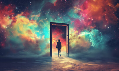 man walking into door, new beginnings and new life, gate to heaven, opportunity and motivation concept