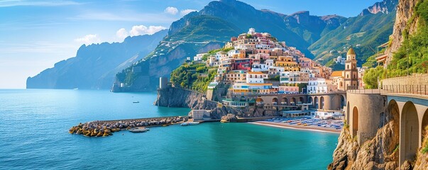 view of the amalfi coast of italy during a sunny day - obrazy, fototapety, plakaty