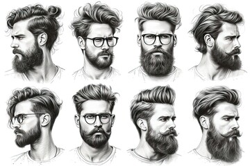 A set of portraits of handsome hipster men with different hairstyles and glasses. Concept barber salon. - obrazy, fototapety, plakaty