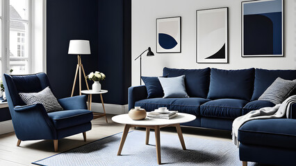 Elegant Dark Blue Sofa and Recliner Chair Adorning a Scandinavian Apartment