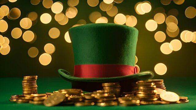 Green top hat is perched on top of large pile of coins, creating striking image of wealth and prosperity. Shiny coins contrast with vibrant color of hat, making for intriguing visual display