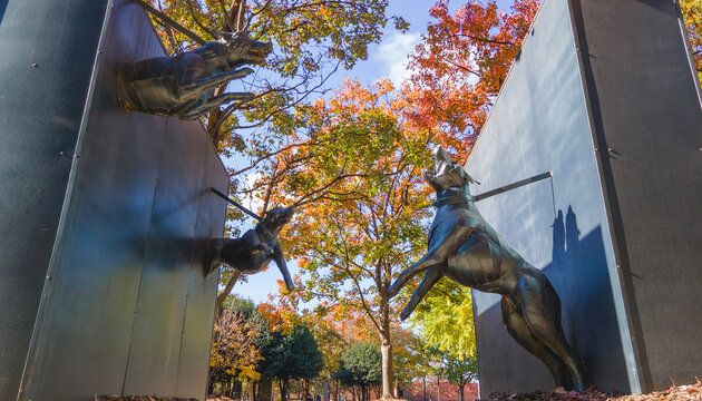 Metal display of Police dogs in Kelly Ingram Park=symbol of Civil Rights Era