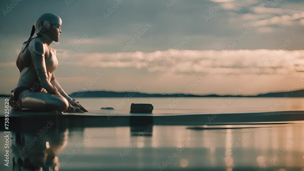 Poster Robot sitting on edge of body of water, showcasing its unique design and capabilities in natural setting. Cyborg still as it overlooks water, fascinating glimpse into integration of tech and nature