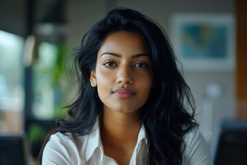 close-up shot of an Indian business woman's face as she confidently delivers a presentation in a boardroom setting, commanding attention with her poise and charisma, minimalistic s