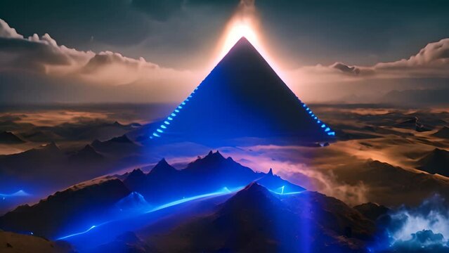 Massive glowing pyramid standing tall in middle of vast desert, surrounded by sand and endless dunes. Structure, built with precise geometry, dominates barren landscape