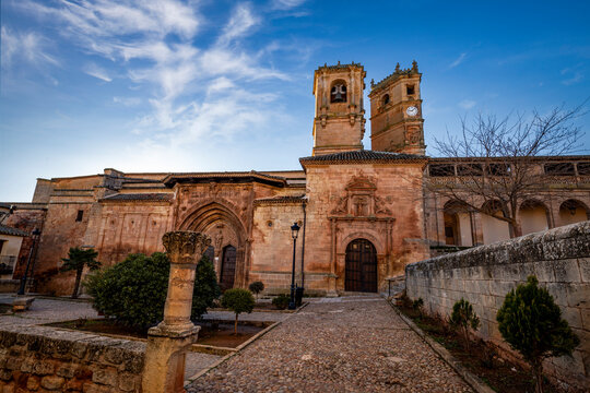 View of Church of the Santisima Trinidad of Alcaraz, Albacete, Castilla la Mancha, Spain, with the Tardon tower in the background