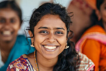 close-up shot of an Indian business woman's face as she shares a genuine smile with her team members, fostering a positive and inclusive work environment, minimalistic style,