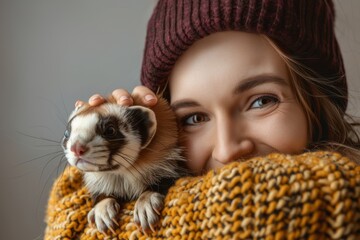 Obraz premium A young woman with bright eyes, wearing a beanie and cozy sweater, happily holds a curious ferret, showing their friendly connection.