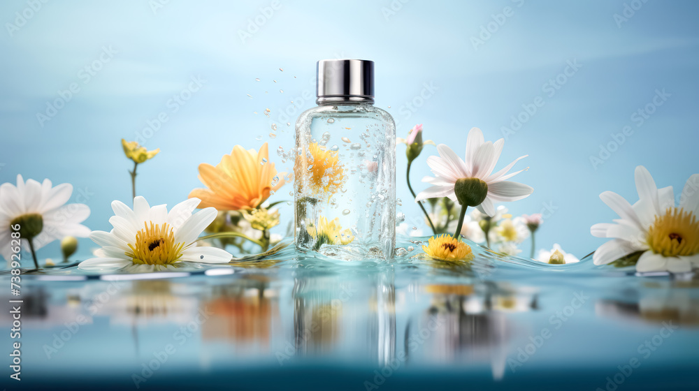 Poster a transparent bottle of unisex perfume submerged in water, adorned with splashes and ripples, presen