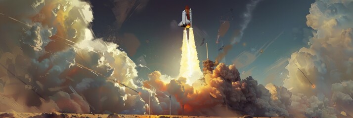 Dramatic depiction of a spacecraft launch, capturing the power and ambition of human space exploration against a dynamic and detailed backdrop. - obrazy, fototapety, plakaty