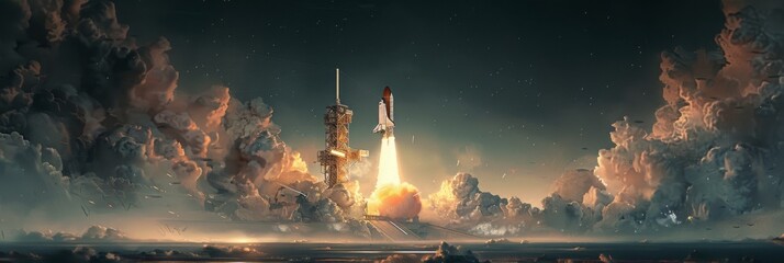 Spaceship launch, capturing the power and ambition of human space exploration against a dynamic and detailed backdrop.