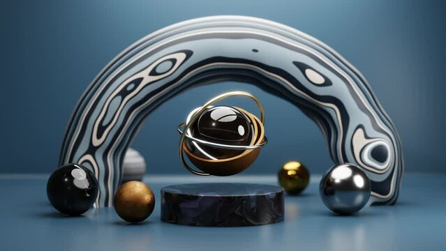 Cyclic abstract 3d animation. A set of abstract geometric shapes from primitives. In the center there are moving hemispheres and rings made of metal. Loop animation, desktop screensaver. Wallpaper. 
