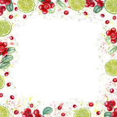 Square frame of lime slices, lingonberries. Citrus, red berries, green leaves and juicy splashes. Tropical fruit and forest berry. Watercolor illustration isolated on white. Space for text.