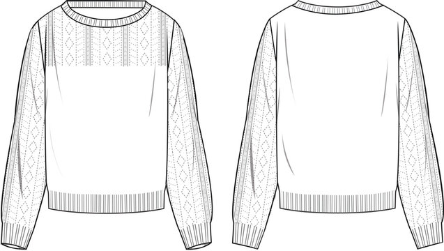 Women's Pointelle Jumper. Technical fashion illustration. Front and back, white colour. Women's CAD mock-up.