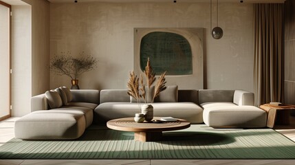 Spacious living room featuring a modular taupe sofa arranged around a low coffee table adorned with a woven green rug, warm beige walls showcasing abstract art.