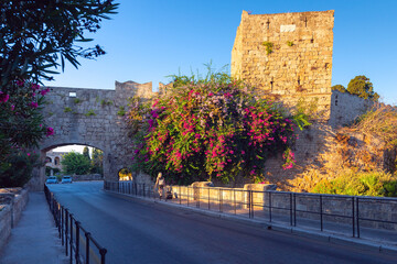 Old gate in the fortress wall in Rhodes early in the morning.