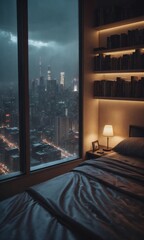 Cramped bedroom with floor to ceiling glass windows overlooking a city at night