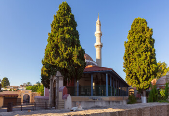 Old medieval Ottoman Suleiman Mosque in Rhodes at dawn.