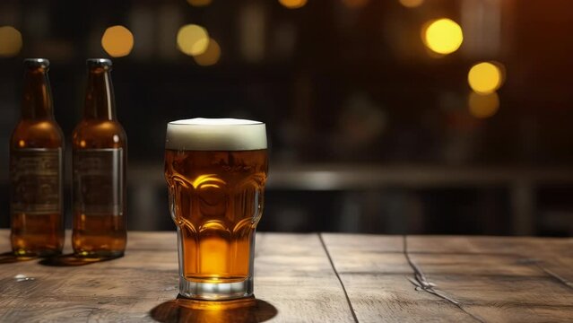 Glass of beer on rustic wooden table, ideal for bar or brewery promotions
