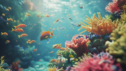 Vibrant Coral Reef Life - A colorful underwater scene of a coral reef with a variety of fish and sea life in their natural habitat. - obrazy, fototapety, plakaty