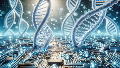 Artificial intelligence (AI) in genetics. DNA combined with circuitry.
