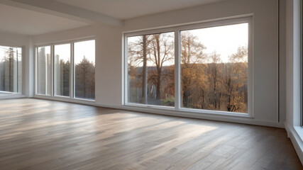 Empty new apartment with windows, hardwood, lots of natural lights and view of beautiful autumn forest