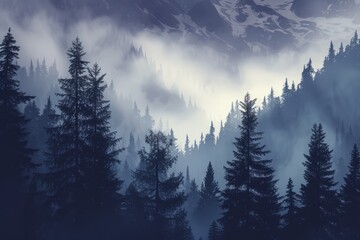 Obraz premium Misty mountain backdrop with shadowed trees.