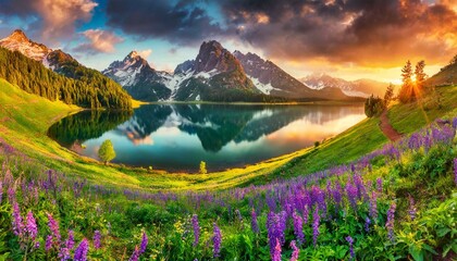 Beautiful spring landscape. Blooming flowers and trees on the meadow with green grass near lake against background with mountain peaks