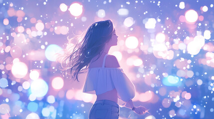 A dreamlike scene of a woman with flowing hair, walking in an ethereal space filled with soft light bokeh, evoking a sense of wonder and fantasy. 