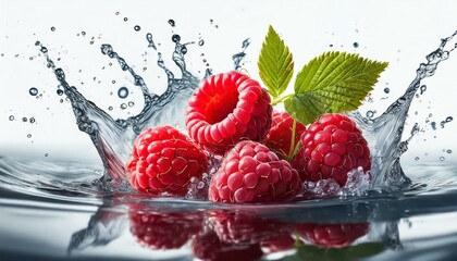 Ripe red raspberry with water splash isolated on white background. Berry explosion
