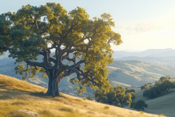 Obraz premium The countryside is adorned with majestic oak trees on rolling hills, offering a picturesque and tranquil natural vista