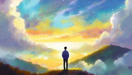 Poster Silhouette of alone person looking at heaven. Lonely man standing in fantasy landscape with shining cloudy sky. Meditation and spiritual life © Micaela