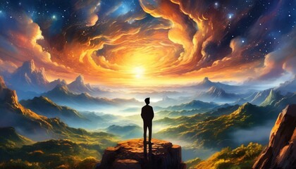Silhouette of alone person looking at heaven. Lonely man standing in fantasy landscape with shining cloudy sky. Meditation and spiritual life - obrazy, fototapety, plakaty