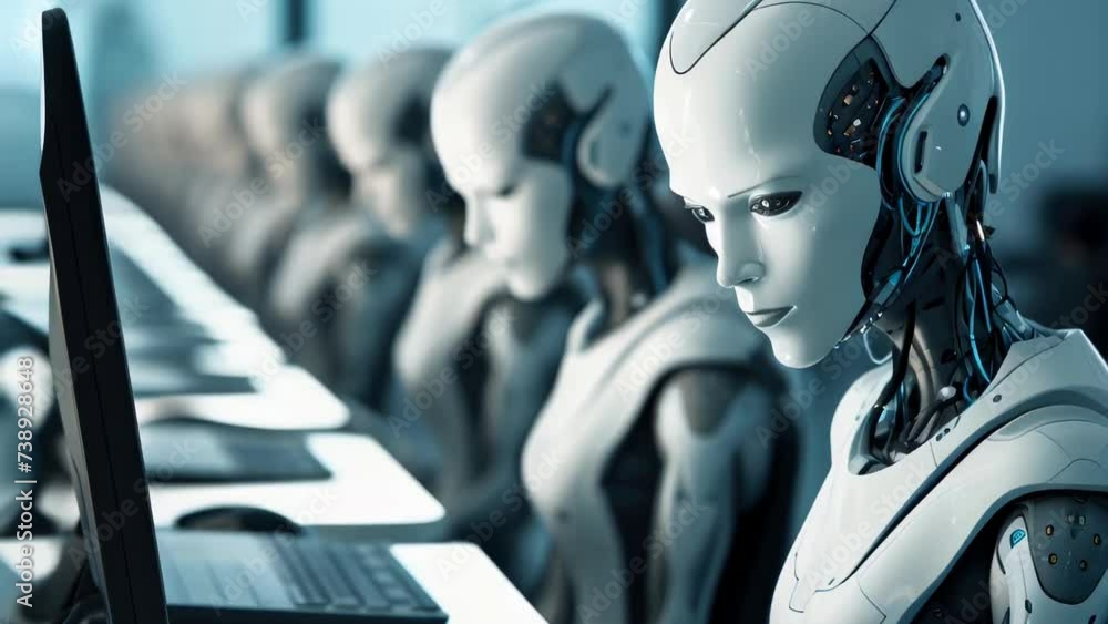 Poster robot sitting in front of laptop computer