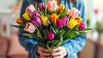 Close up shot of woman s hands holding a vibrant bouquet of colorful tulips in vivid hues