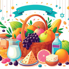 Basket with fruit, milk and cheese. Postcard with the Jewish holiday Shavuot. 