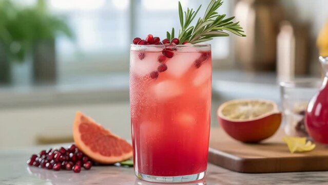 Tall glass filled with red drink garnished with rosemary