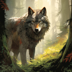 Wolf in the forest, illustration