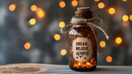 Dream, believe, achieve   motivational text on blurred background, success concept, abstract theme.