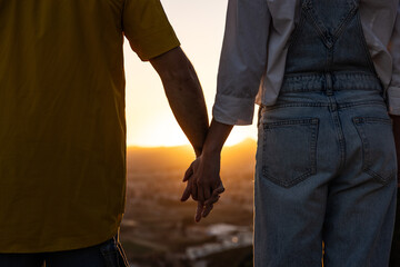 Couple shaking hands at sunset golden hour