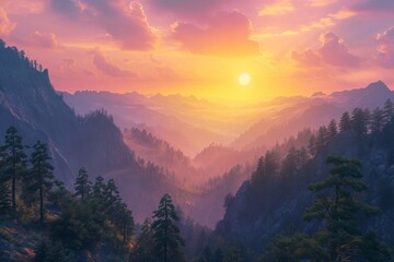 Fototapeta premium Sunset over a tree-lined mountain ridge creates a serene and picturesque landscape with vibrant hues painting the sky