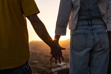 Couple shaking hands at sunset golden hour