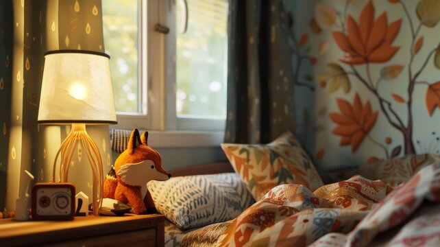 Cozy Children's Room Corner with Wooden Lamp and Fox Figurines